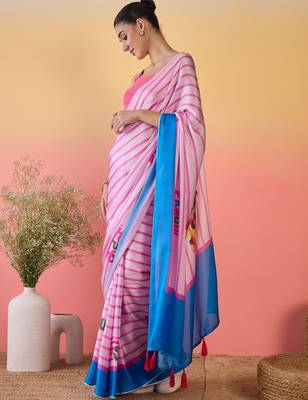 pink satin georgette printed saree with unstitched blouse 2