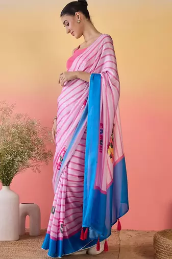 pink satin georgette printed saree with unstitched blouse