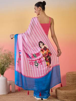 pink satin georgette printed saree with unstitched blouse 3