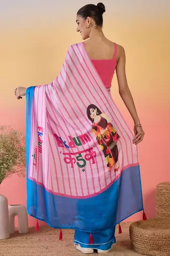 pink satin georgette printed saree with unstitched blouse