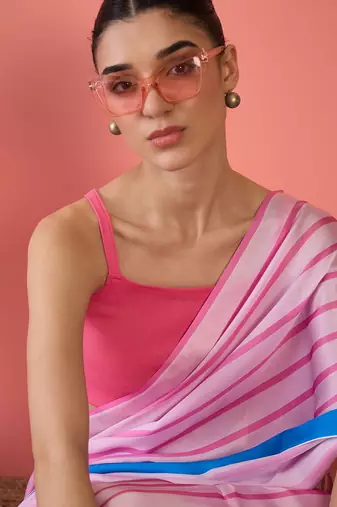 pink satin georgette printed saree with unstitched blouse