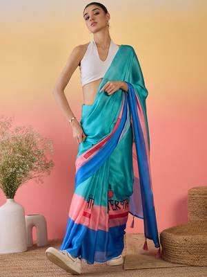 blue satin georgette printed saree with unstitched blouse 1