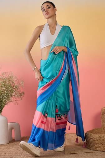 blue satin georgette printed saree with unstitched blouse