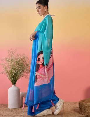 blue satin georgette printed saree with unstitched blouse 2