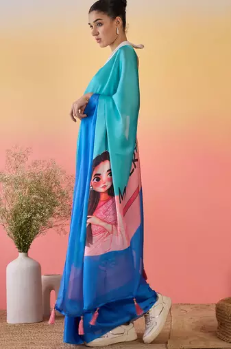 blue satin georgette printed saree with unstitched blouse