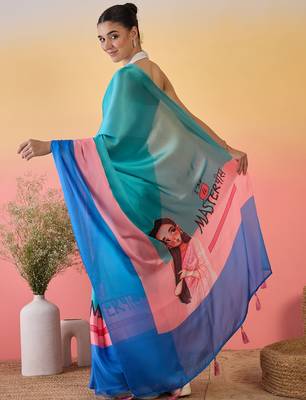 blue satin georgette printed saree with unstitched blouse 3
