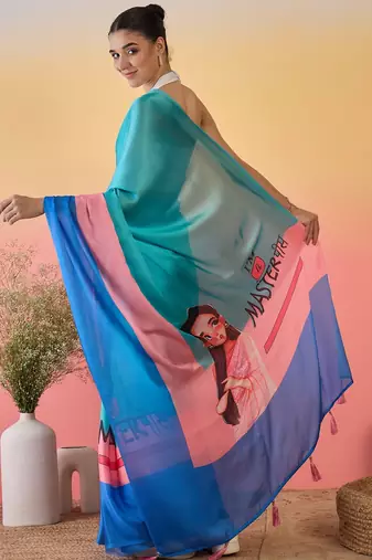 blue satin georgette printed saree with unstitched blouse