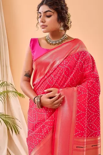 Rani Pink Bandhani Weaving Saree With Paithani Pallu  