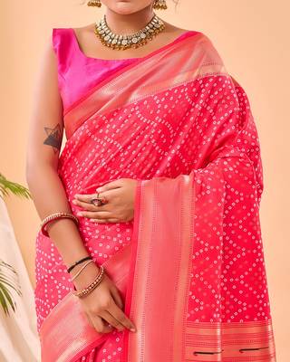 Rani Pink Bandhani Weaving Saree With Paithani Pallu   3