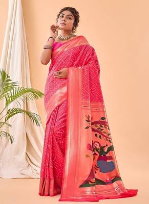 Rani Pink Bandhani Weaving Saree With Paithani Pallu   4