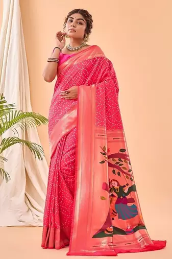 Rani Pink Bandhani Weaving Saree With Paithani Pallu  