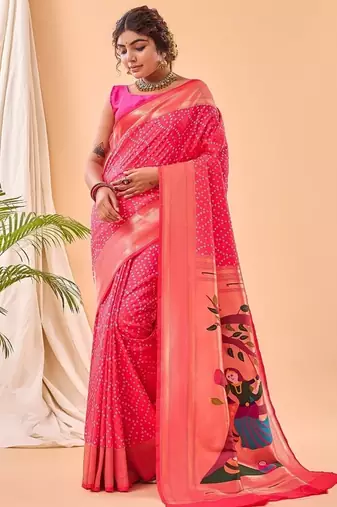 Rani Pink Bandhani Weaving Saree With Paithani Pallu  