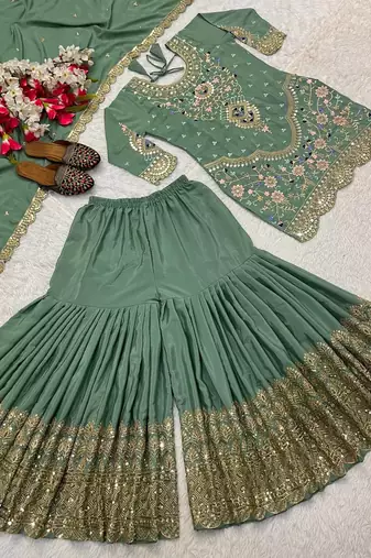 GREEN PISTA NATURAL CREP Embroidery Work PARTY WEAR SUIT SET 