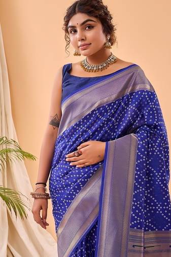 Navy Blue Bandhani Weaving Saree With Paithani Pallu  