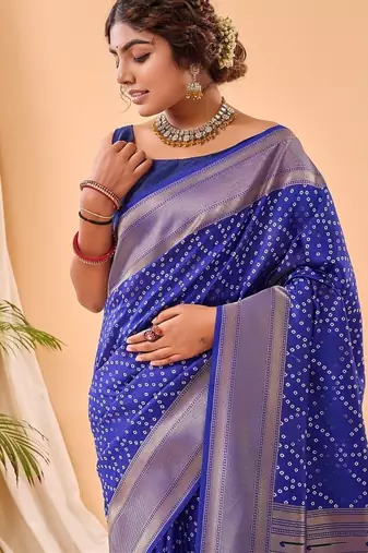 Navy Blue Bandhani Weaving Saree With Paithani Pallu  