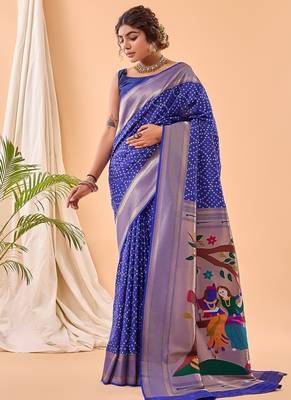 Navy Blue Bandhani Weaving Saree With Paithani Pallu   4