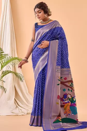 Navy Blue Bandhani Weaving Saree With Paithani Pallu  