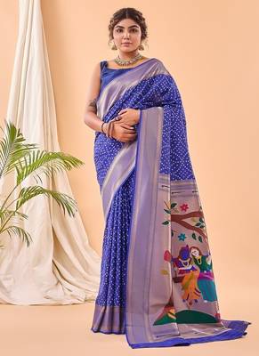 Navy Blue Bandhani Weaving Saree With Paithani Pallu   5