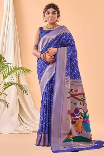Navy Blue Bandhani Weaving Saree With Paithani Pallu  