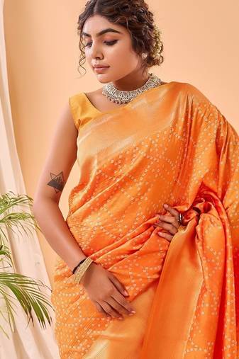 Orange Bandhani Weaving Saree With Paithani Pallu  