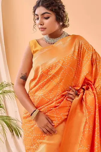 Orange Bandhani Weaving Saree With Paithani Pallu  