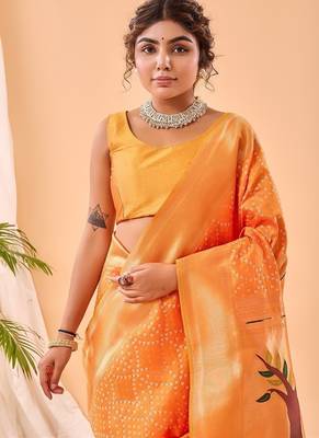 Orange Bandhani Weaving Saree With Paithani Pallu   2