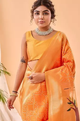 Orange Bandhani Weaving Saree With Paithani Pallu  