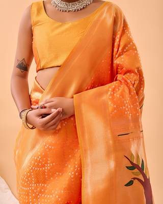 Orange Bandhani Weaving Saree With Paithani Pallu   3