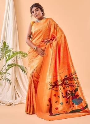 Orange Bandhani Weaving Saree With Paithani Pallu   4