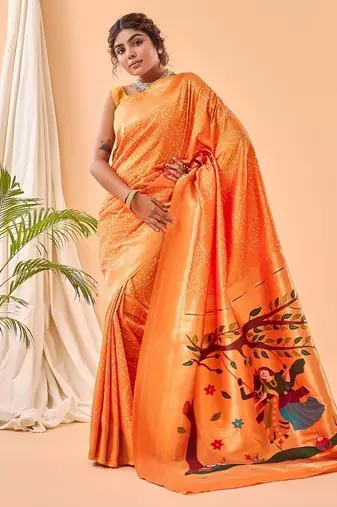 Orange Bandhani Weaving Saree With Paithani Pallu  