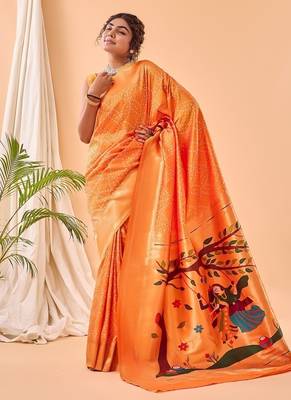 Orange Bandhani Weaving Saree With Paithani Pallu   5