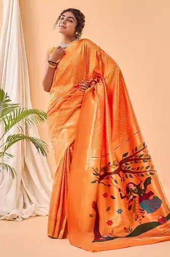 Orange Bandhani Weaving Saree With Paithani Pallu  