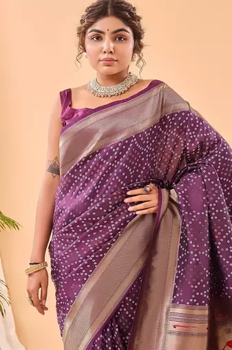 Plum Purple Bandhani Weaving Saree With Paithani Pallu  