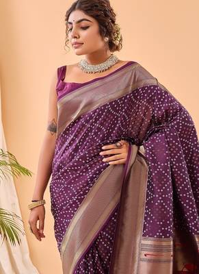 Plum Purple Bandhani Weaving Saree With Paithani Pallu   3