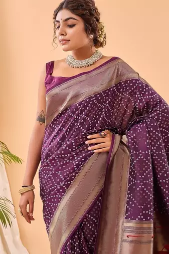 Plum Purple Bandhani Weaving Saree With Paithani Pallu  