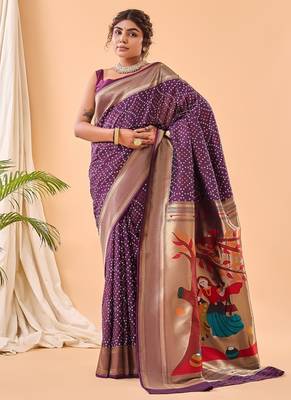 Plum Purple Bandhani Weaving Saree With Paithani Pallu   4