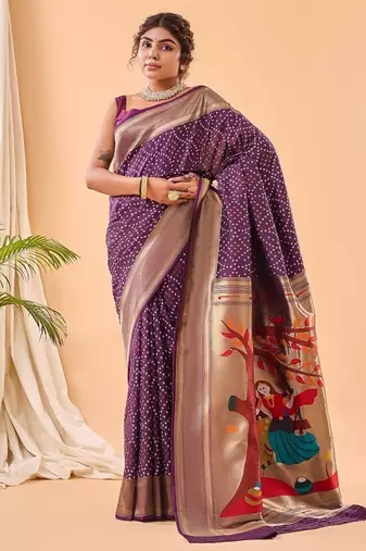 Plum Purple Bandhani Weaving Saree With Paithani Pallu  