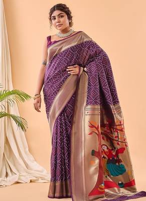 Plum Purple Bandhani Weaving Saree With Paithani Pallu   5