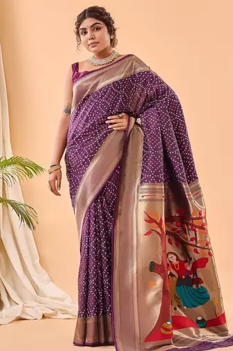 Plum Purple Bandhani Weaving Saree With Paithani Pallu  
