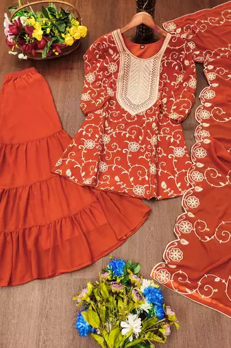 ORANGE GEORGETTE EMBROIDERY WORK STICHED SUIT SET