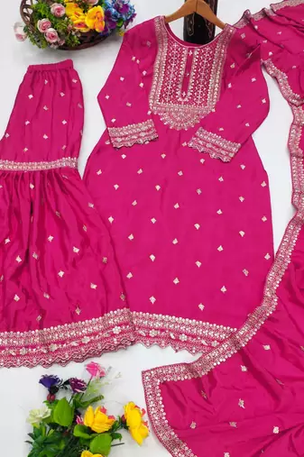 PINK CHINON PARTY WEAR EMBROIDERY  SUIT SET