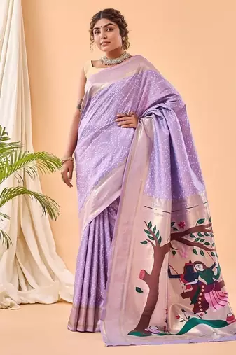Lavender Bandhani Weaving Saree With Paithani Pallu  