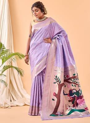 Lavender Bandhani Weaving Saree With Paithani Pallu   5