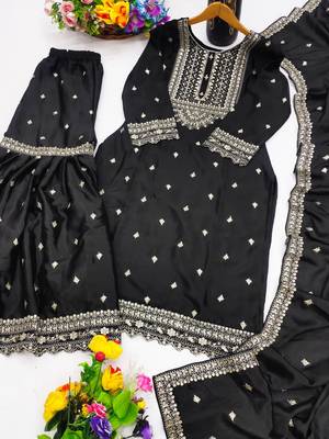 BLACK CHINON PARTY WEAR EMBROIDERY SUIT SET  6