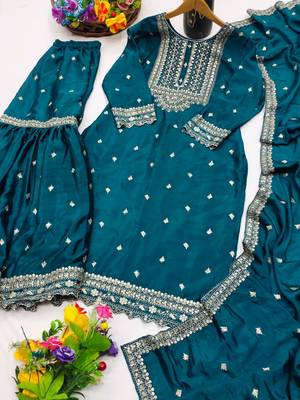 DARK GREEN CHINON SILK EMBROIDERY PARTY WEAR SILK SUIT SET  6