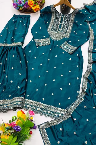 DARK GREEN CHINON SILK EMBROIDERY PARTY WEAR SILK SUIT SET 
