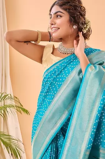 Blue Bandhani Weaving Saree With Paithani Pallu  