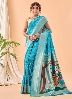 Blue Bandhani Weaving Saree With Paithani Pallu   5