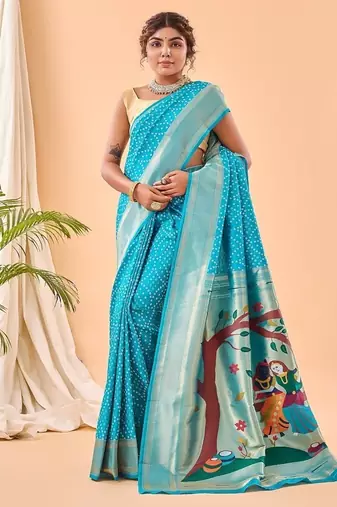 Blue Bandhani Weaving Saree With Paithani Pallu  