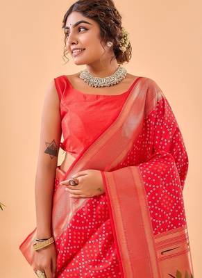 Red Bandhani Weaving Saree With Paithani Pallu   1